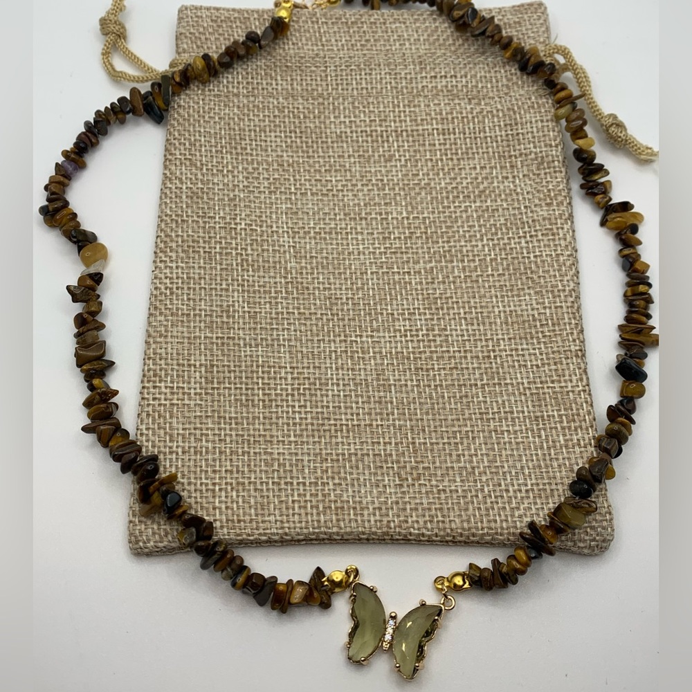 Tigers Eye Butterfly Necklace Genuine Tigers Eye Necklace Crystal Chip Necklace